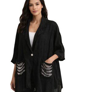 Bella Amore Italy Lagonlook Black Linen Silver Sequin Pockets Jacket One Size